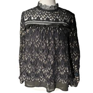 Blue Rain Black Small Lace Blouse Mock Neck A Line Party Goth Steampunk